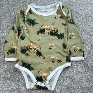 Milkbarn Kids Woodland Animal Deer Hedgehog Long Sleeve Bodysuit Sage Green 3-6M